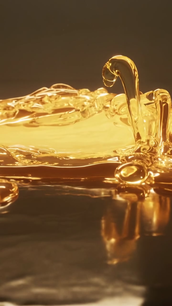 Vertical video: Curling from tap gold viscous pool making arcing droplet in studio forming bubbles