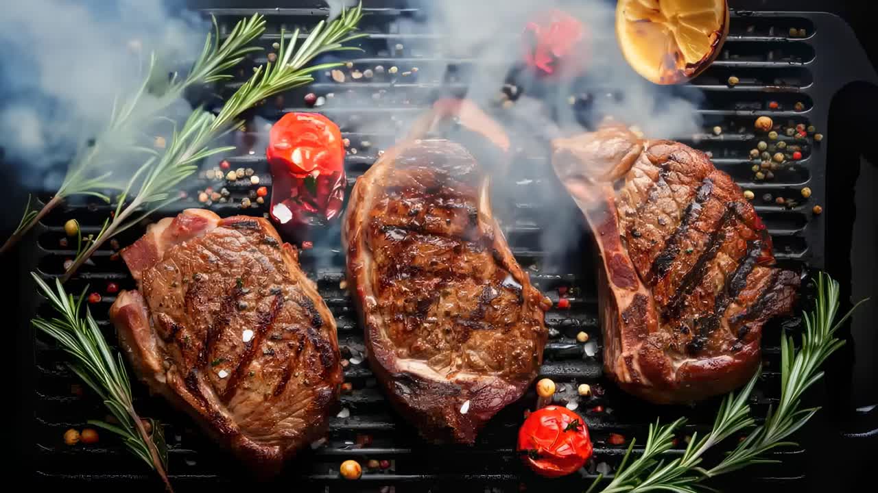 Top-down video shot of grilled steaks with rosemary and peppers, showcasing a smoky, rustic style