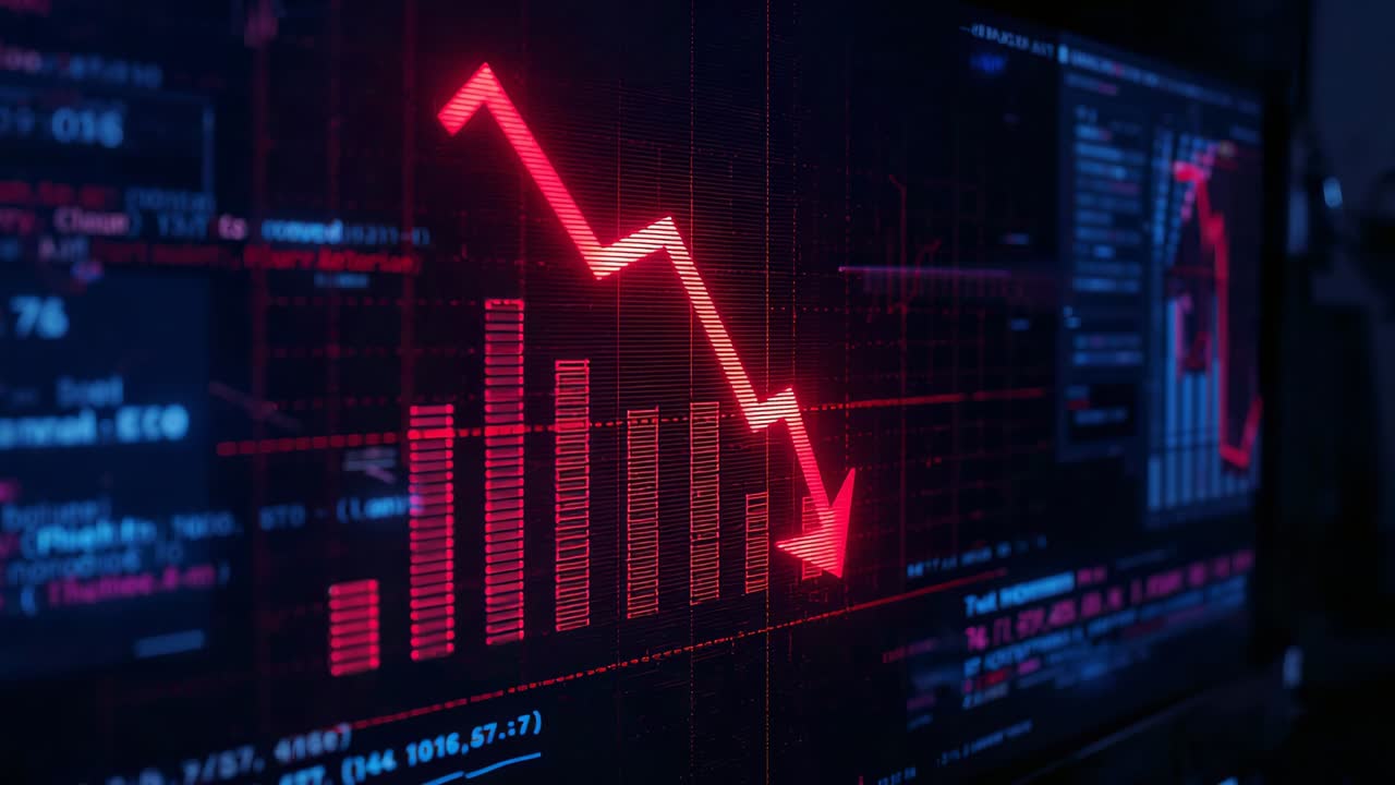 Monitor showing red jagged trend line with arrow over bars, live feed updating, tracking stock drop