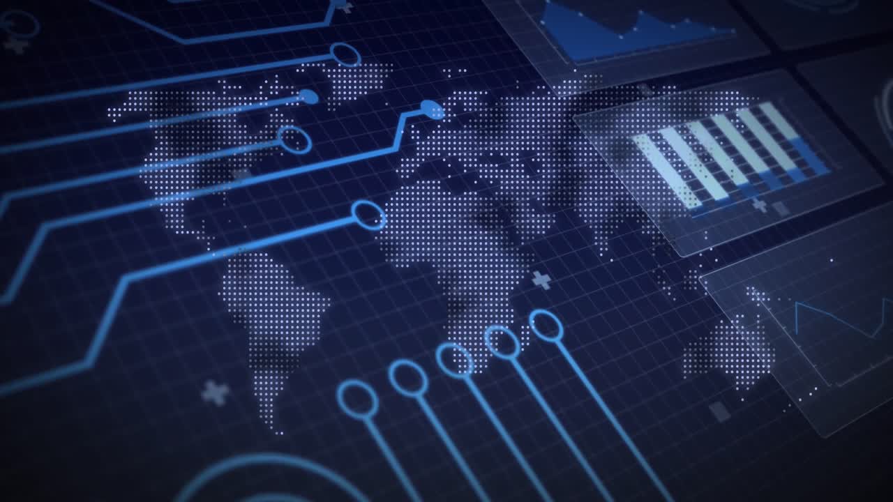 Animation of data processing and world map over blue background