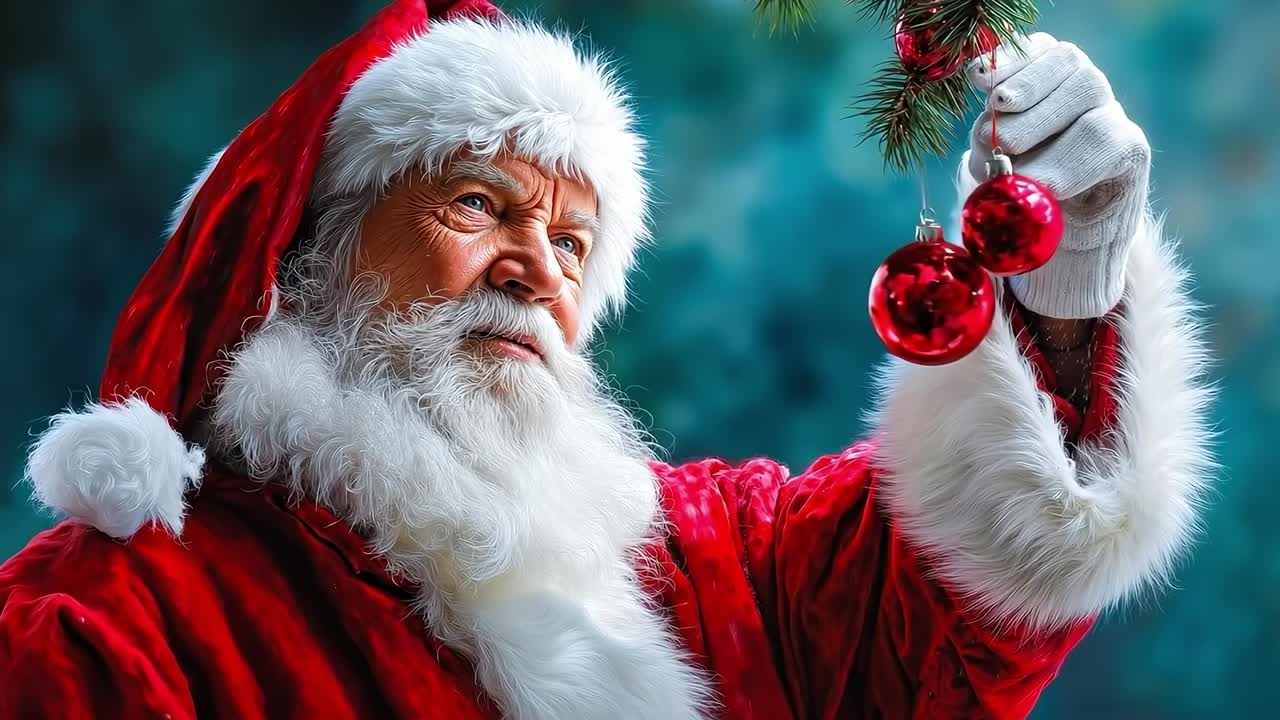 A man dressed as Santa Claus holding a christmas ornament