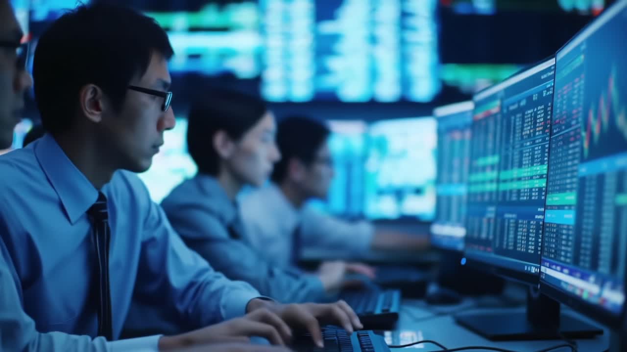 Focused Analysts Engaged in Real-Time Data Analysis in a High-Tech Trading Environment, Monitoring Financial Markets and Trends to Make Strategic Decisions