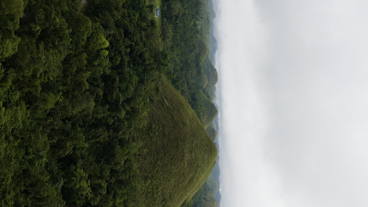 Inquadratura panoramica verticale delle Chocolate Hills e della valle boscosa a Bohol, Tailandia