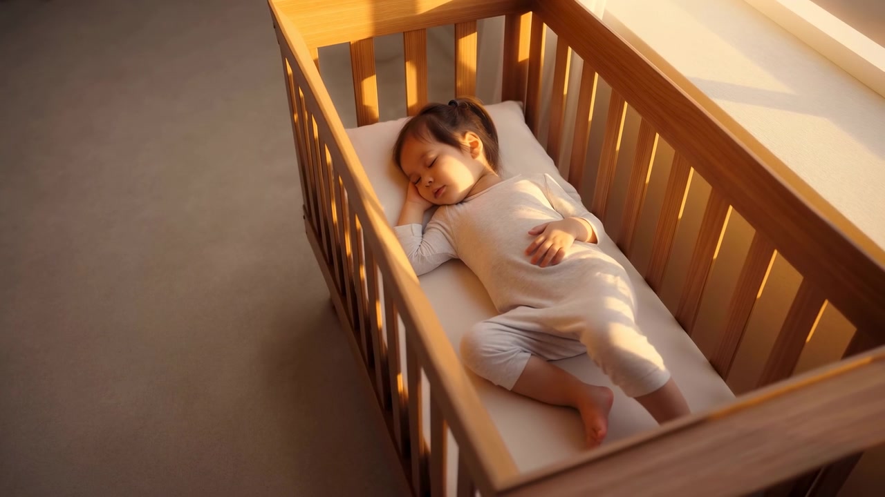 Overhead diagonal view shows a young child lying still in a wooden crib with eyes closed, one hand resting on the torso and bare feet visible, while golden window light forms soft shadows.