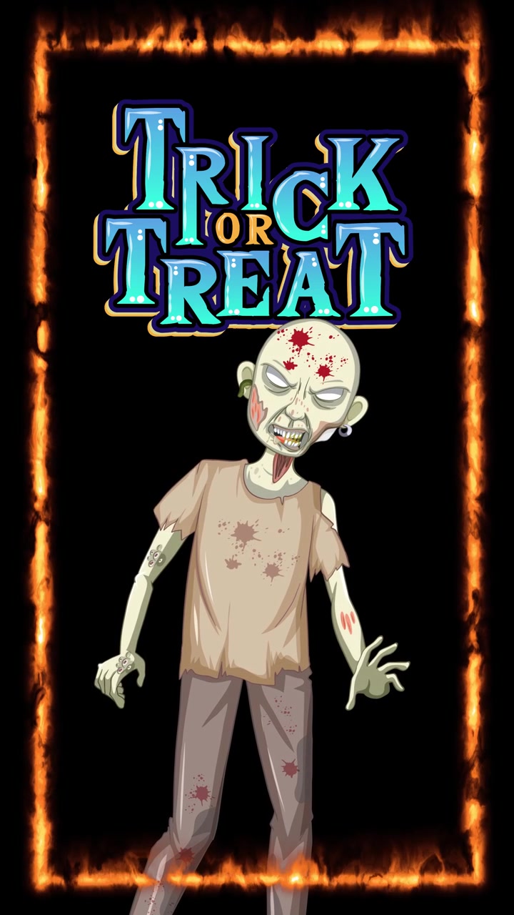 Cartoon zombie stands inside a burning rectangular frame with stylized holiday text on black background.