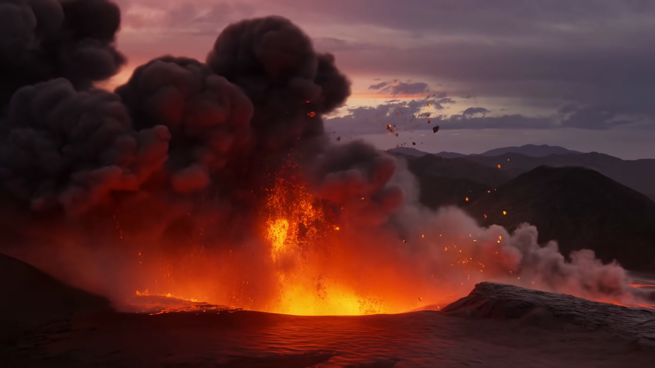 Volcano Erupting with Fiery Lava and Thick Smoke at Dusk