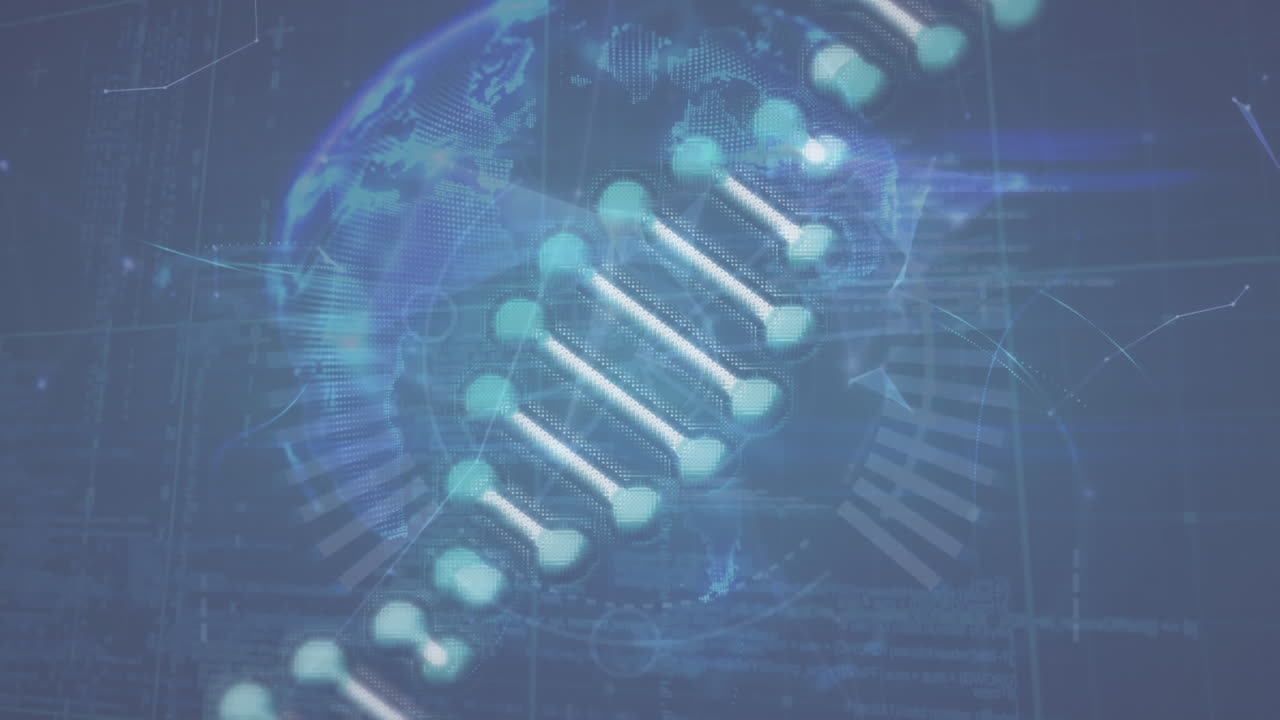 Animation of dna structure spinning over globe of plexus networks and data processing