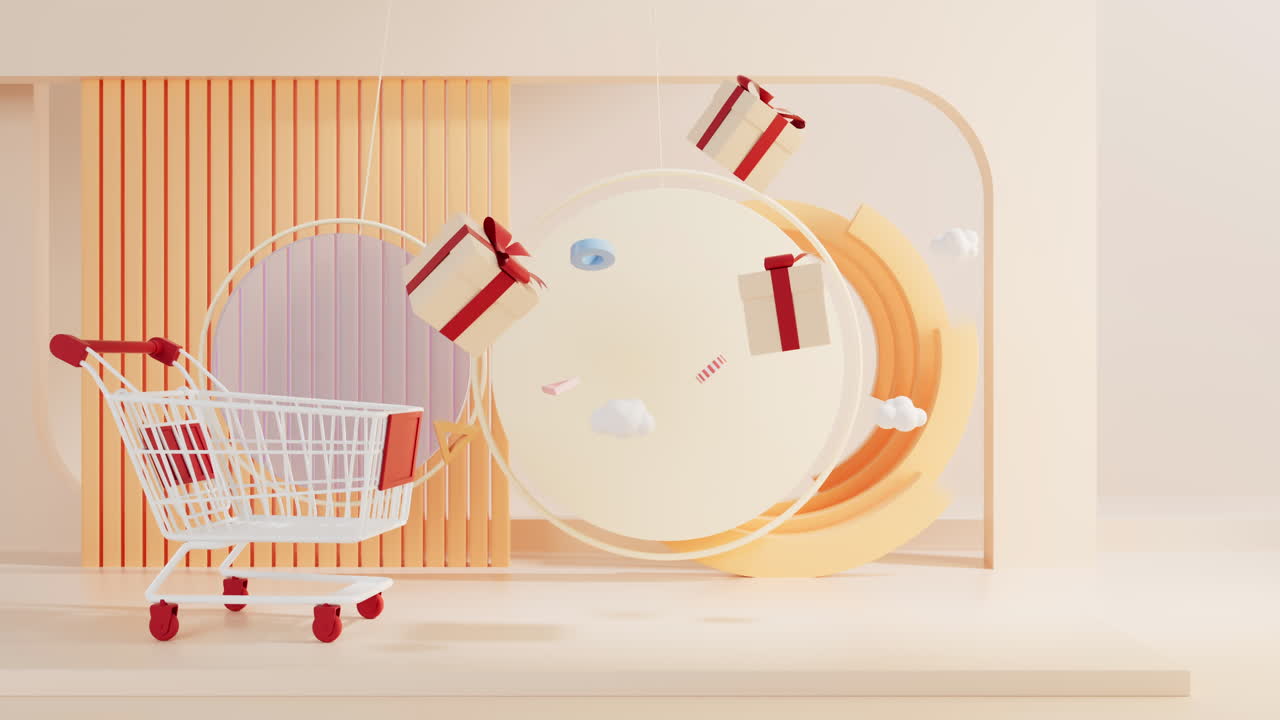 3d 렌더링, 지하학적 배경과 함께 쇼핑 카트의 루프 애니메이션