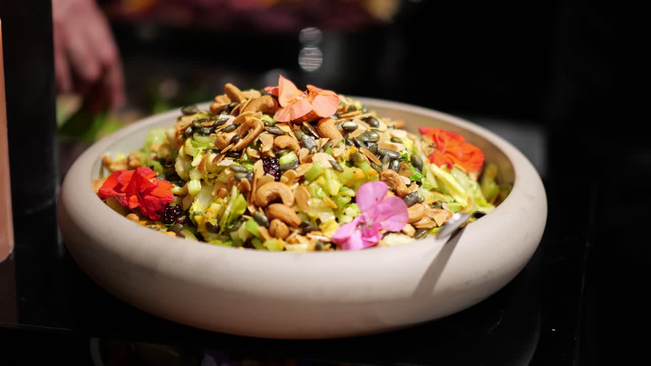 Healthy food vegetable and flower salad mix nuts served by Israelis