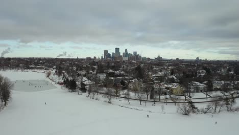 drone flying over minneapolis suburbs on cold winter day