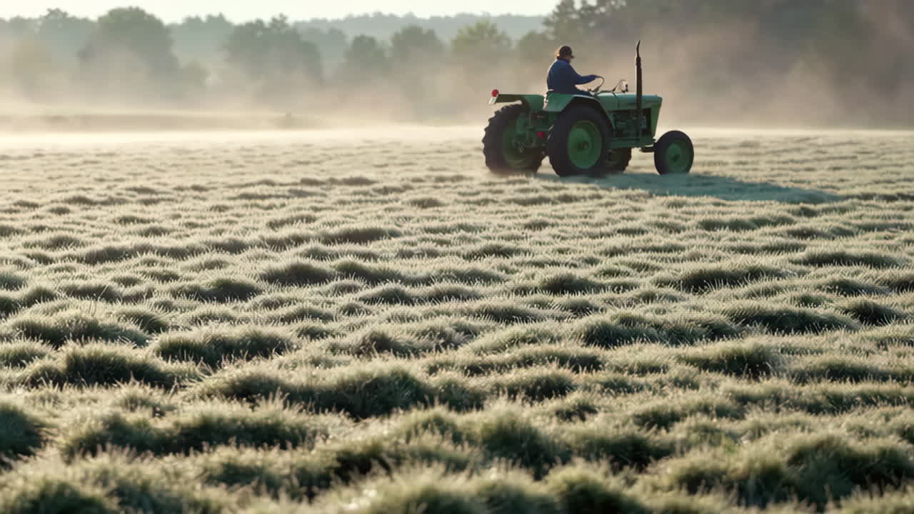 Tractor in a Misty, Dew-Covered Field at Dawn