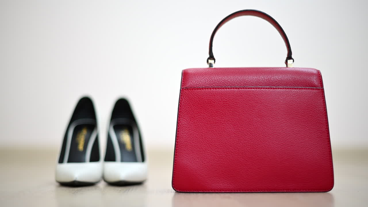 Primo piano di scarpe di una donna bianca e borsa rossa