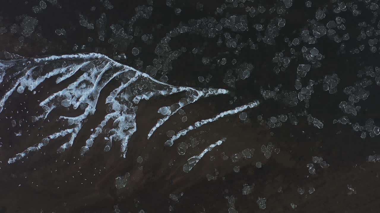 Drone aerial view of birds and ice floes in Neris river