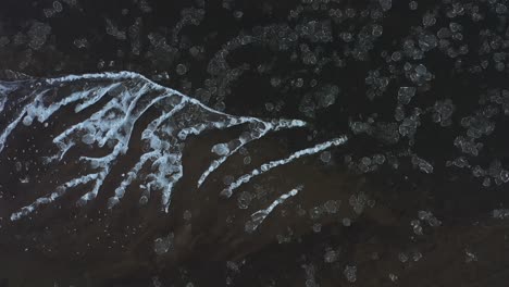 drone aerial view of birds and ice floes in neris river