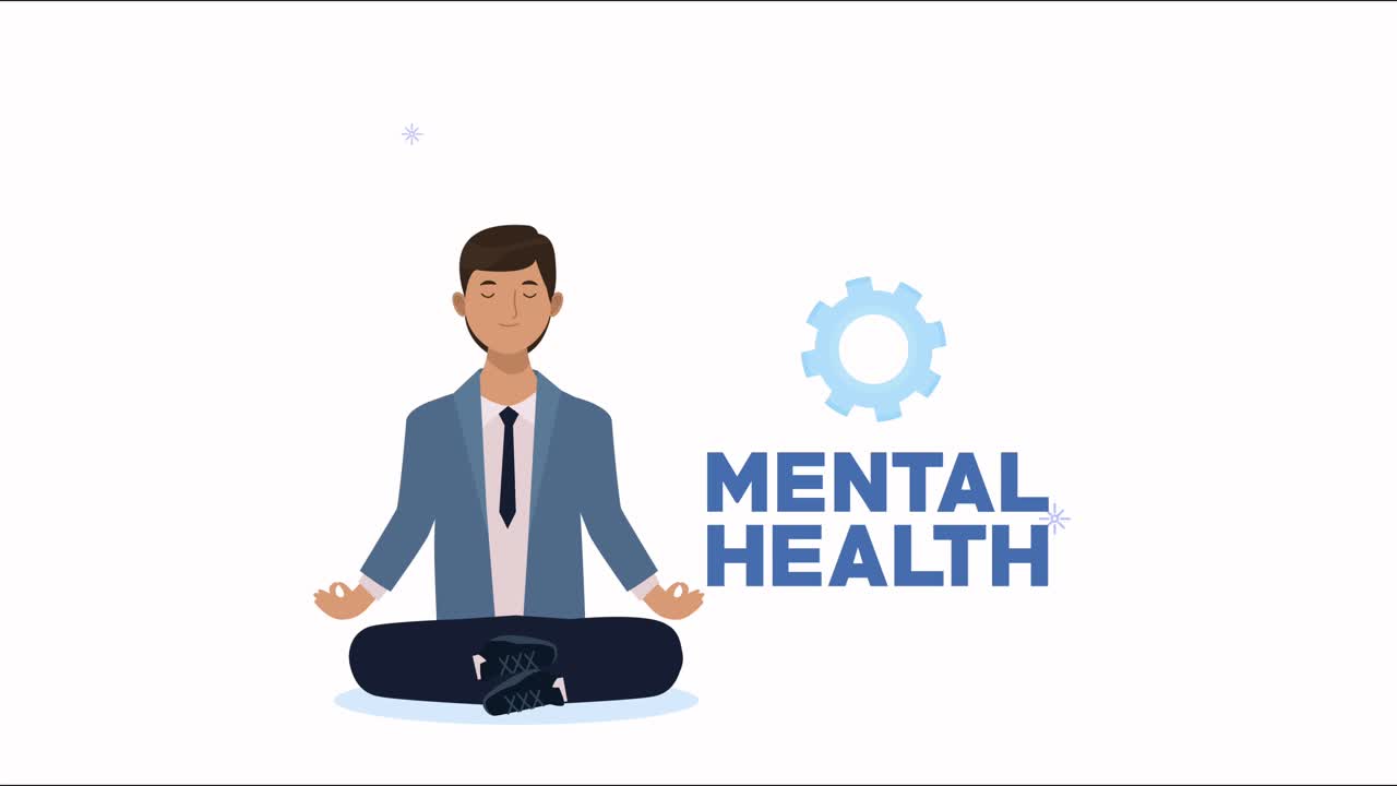 mental health lettering animation with man in lotus position