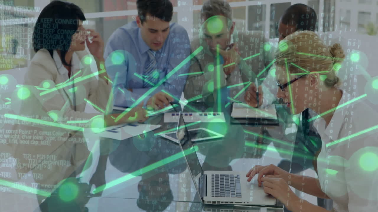 Collaborating in meeting, business team with animation of digital network connections