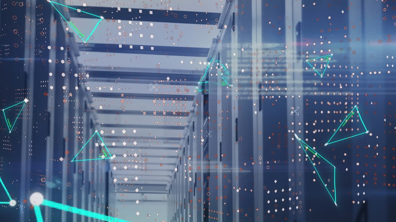 Animation of connected dots forming triangles and dots over server room in background
