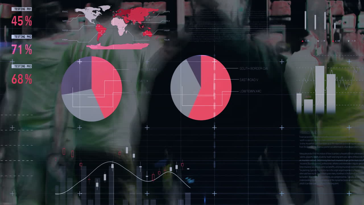 Financial data analysis animation over busy city street with people walking