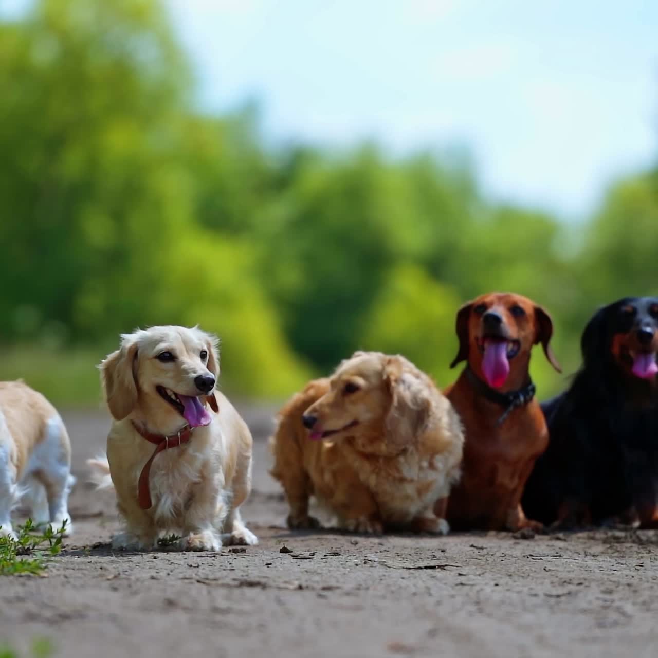Pedigree dogs on ground. Portrait of five dachshunds on blur background outdoors. Beautiful pet dogs of different colors.