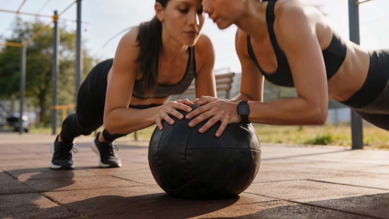 Zwei Frauen in Sport-BHs beginnen im Park abwechselnd mit Plank-Drücken mit einem Medizinball zur Stärkung.