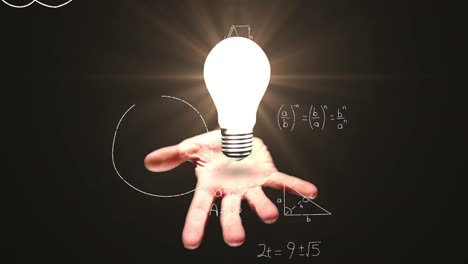 animation of light bulb on cropped palm over mathematical equation and diagrams on black background