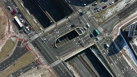 Aerial-view-of-the-road-intersection-on-the-DTŚ-Highway-in-Katowice-on-a-sunny-day