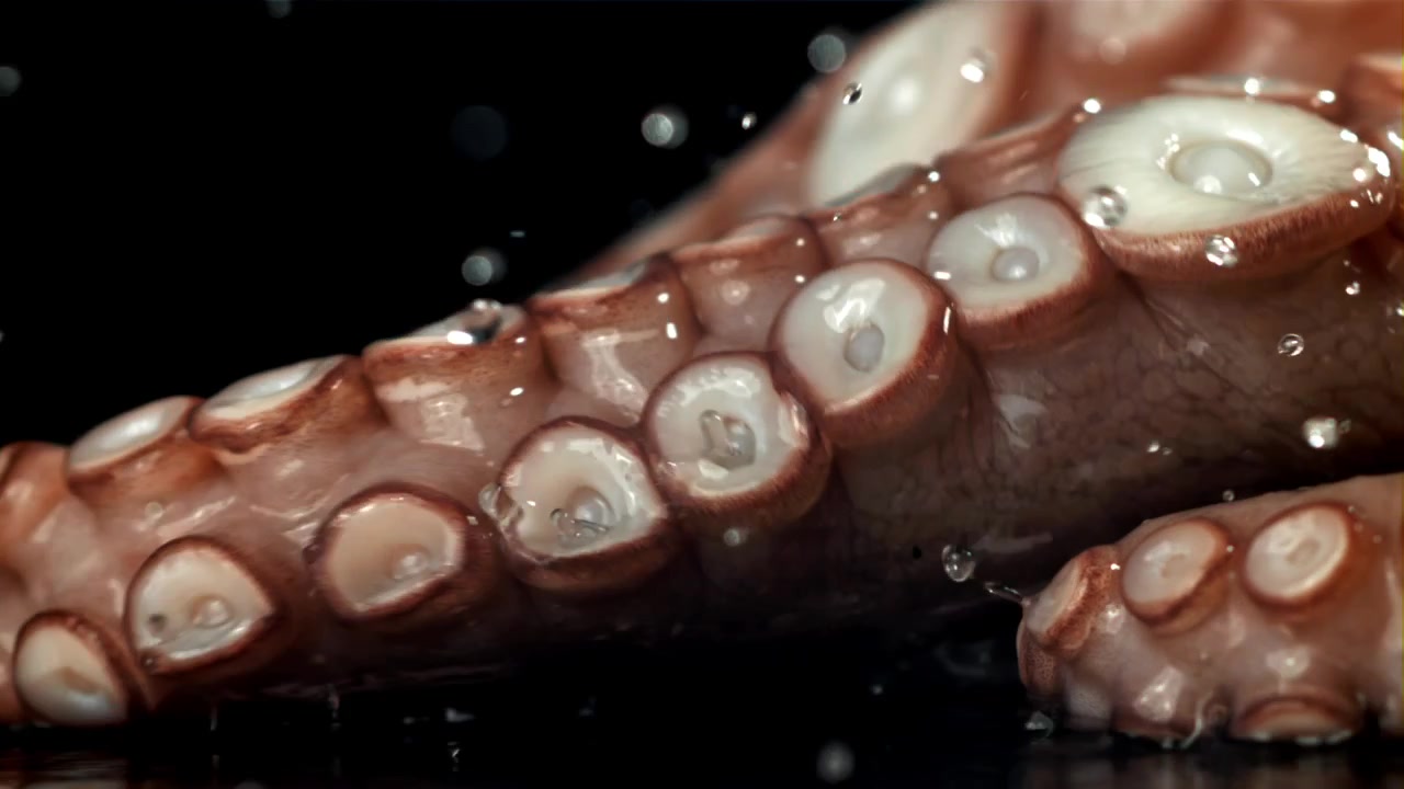 Tentacolo di polpo fresco che schizza nell'acqua su sfondo nero