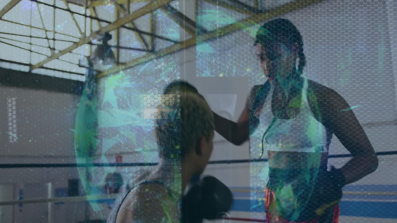 Boxers training in gym with abstract blue and green animation overlay