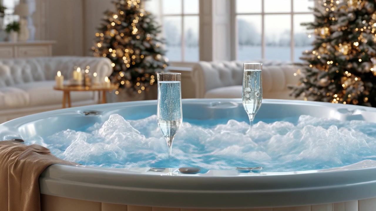 Un momento tranquillo catturato in un ambiente lussuoso, con due bicchieri di bevanda frizzante appoggiati accanto a una vasca idromassaggio gorgogliante adornata con decorazioni festive