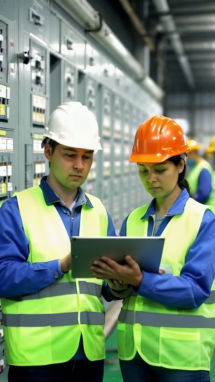Two electrical engineers checking information on a tablet in the industry.
