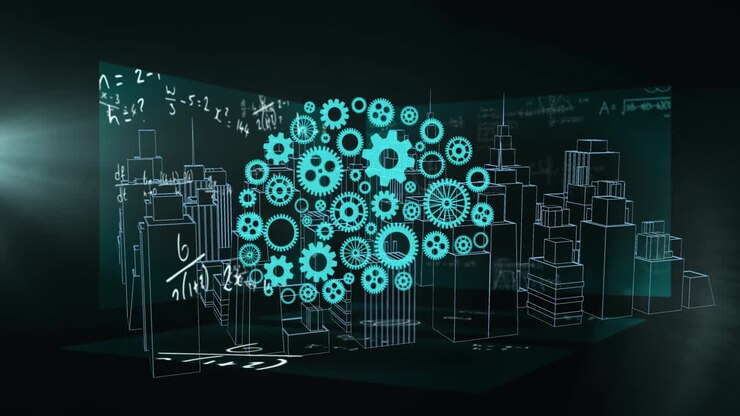 Animation of ai brain and data processing over cityscape background