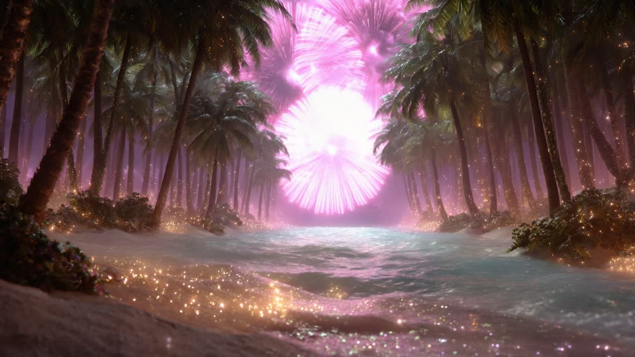 A Magical Journey Through a Lush Tropical Paradise with a Starry Sky and Radiant Colors, Capturing the Essence of Nature's Beauty in an Enchanting Scene