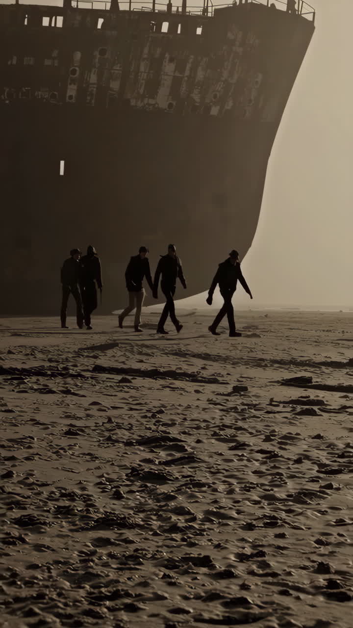 People Walking on Beach Near Shipwreck