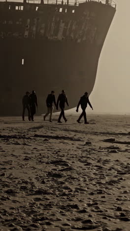 people walking on beach near shipwreck