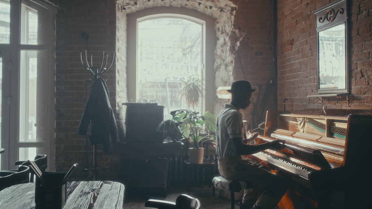 Jazz Musician Playing Piano in a Cozy Cafe