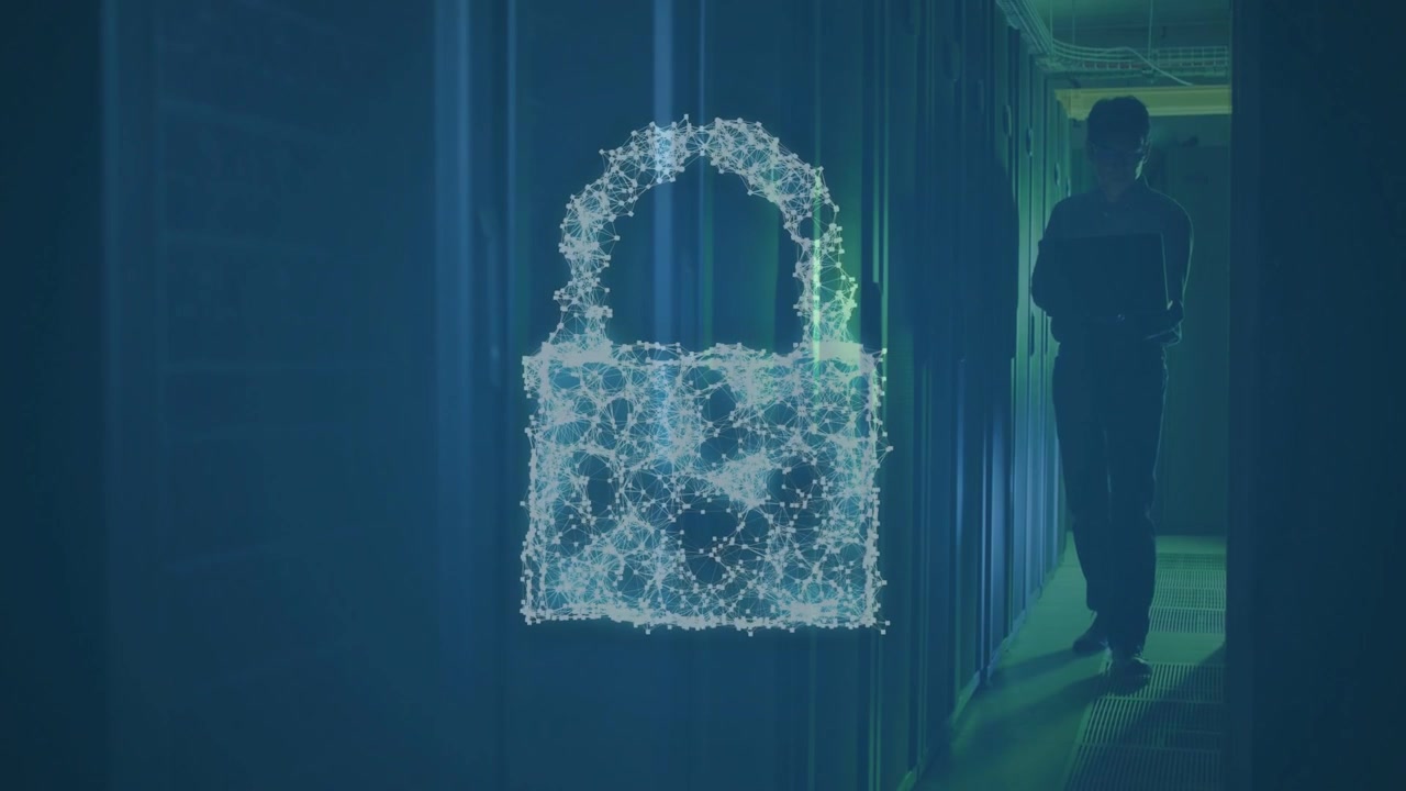 IT tech walking data center aisle checking laptop causing particle cloud into padlock for security