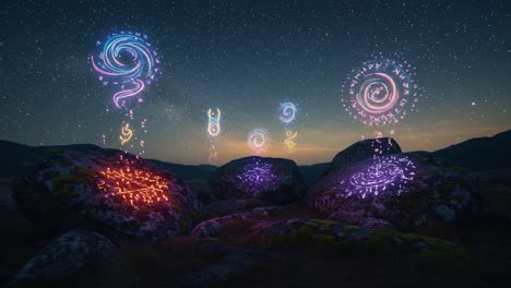 Mystical Light Spirals and Symbols Dance Above Ancient Rocks in a Celestial Night, Capturing the Magic of the Universe Amidst the Stars