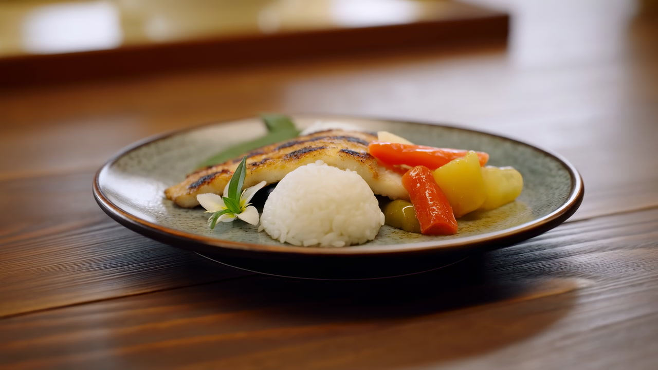 Healthy Grilled Fish Fillet with Rice and Mixed Vegetables