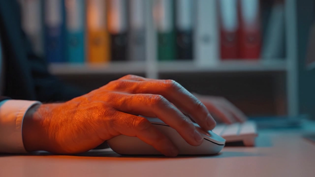 Focused hand using a computer mouse while working, illuminated by soft light amidst organized folders, showcasing a productive office environment.