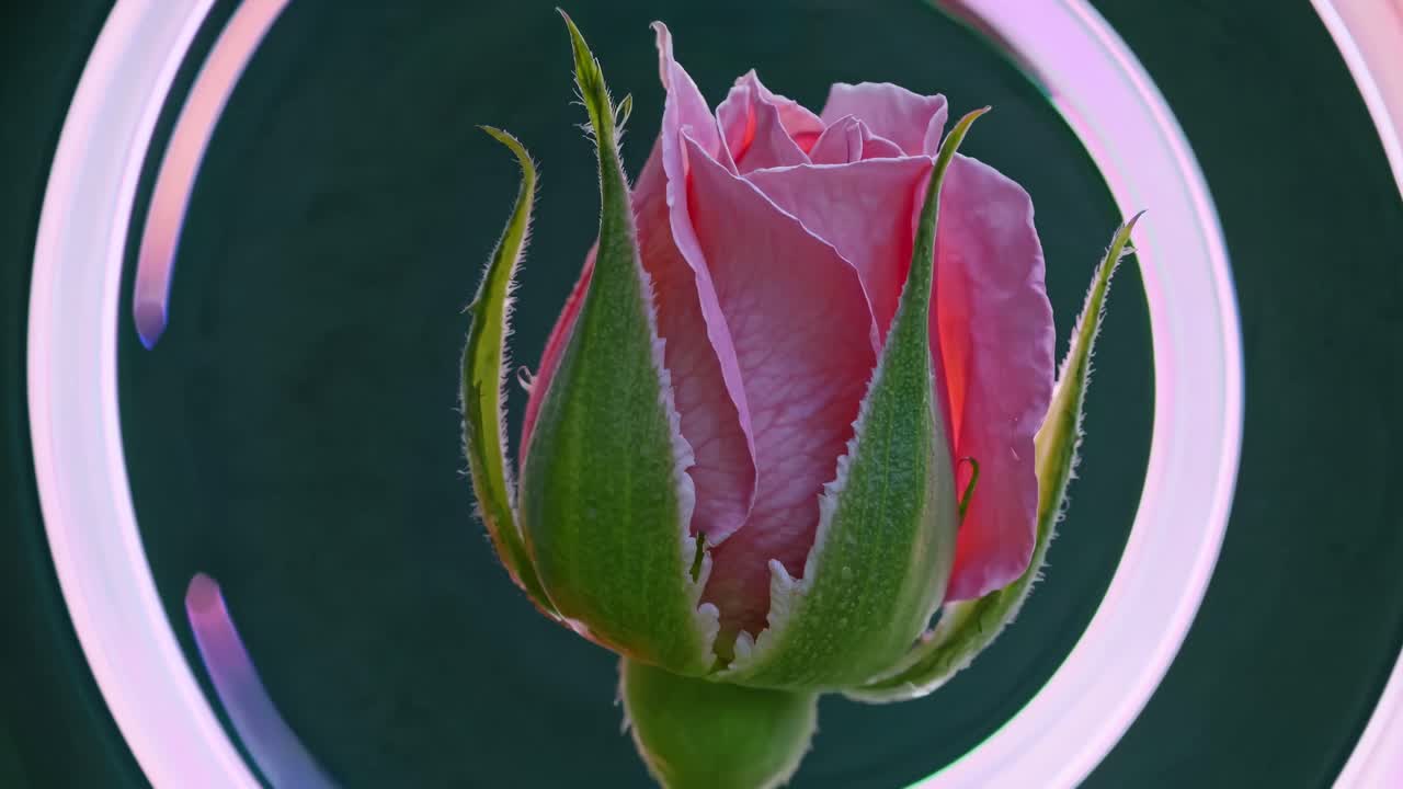 Close-up video of a pink rosebud with a swirling, abstract background