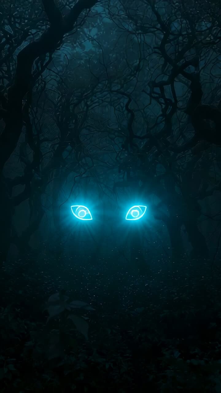 Vertical video: Emerging neon-blue eyes flickering and pulsing in misty forest, radiating light