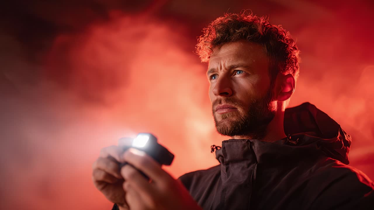 Man with Headlamp in Red Lighting