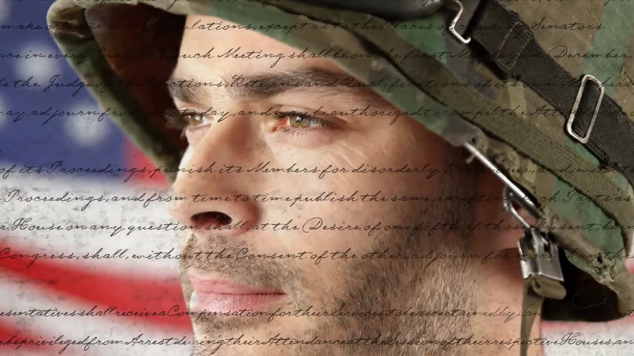 Animation of document with text over soldier wearing helmet and american flag