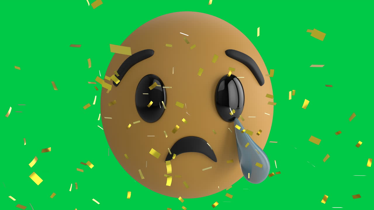 녹색 화면 배경에 울고 있는 이모지 아이콘 위에 떨어지는 콘페티의 애니메이션