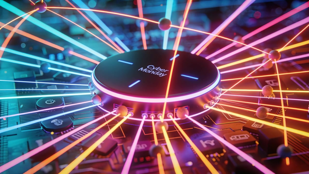 Accensione di un dispositivo etichettato 'Cyber Monday' su un PCB, con un hub che instrada raggi al neon e sfere che si agganciano alle porte.