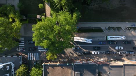 Top-down-aerial-of-urban-city-street-scene-in-USA