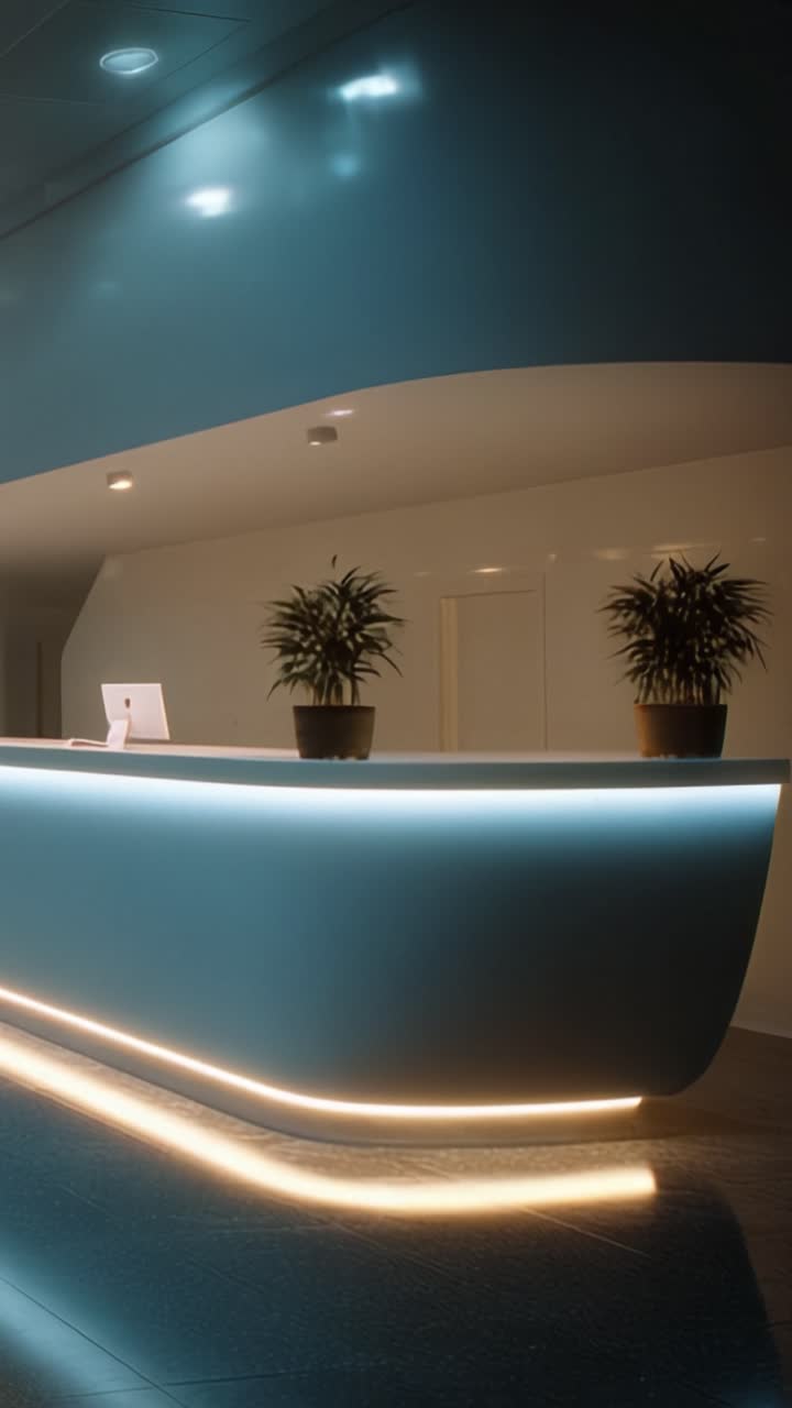 Area reception moderna con design elegante e illuminazione ambientale, caratterizzata da piante in vaso e arredamento minimalista per un'esperienza di benvenuto calorosa.