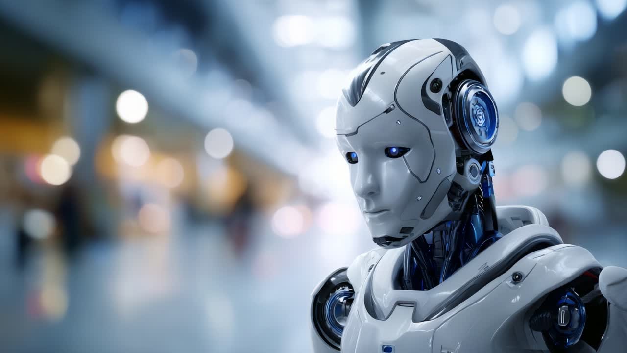 Şık bir tasarıma ve mavi detaylara sahip fütüristik bir insansı robot, modern bir ortamda gelişmiş teknoloji ve yapay zeka özelliklerini sergiliyor