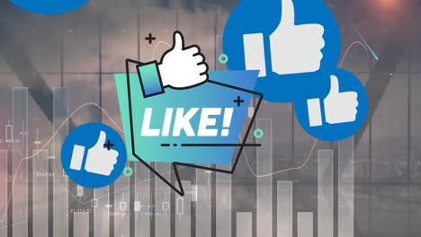 animation of social media and like icons over graphs and cityscape