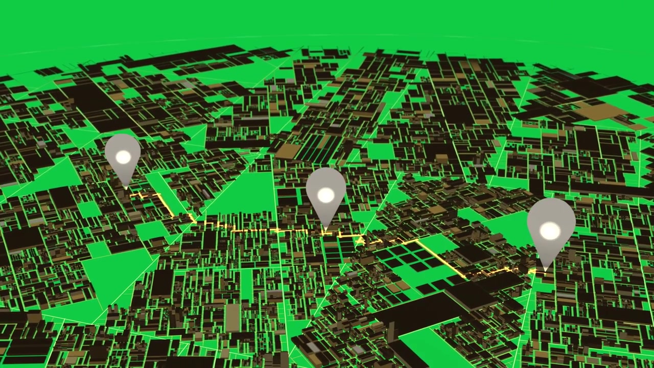 By camera tilt, gold grid shifting, three pins appearing to mark nodes on transparent bg